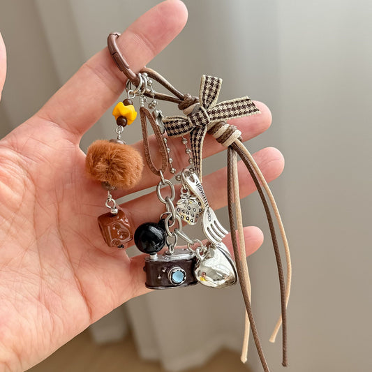 Oranments-vintage pompom camera bowknot woven bag charm keychain -BCK1045